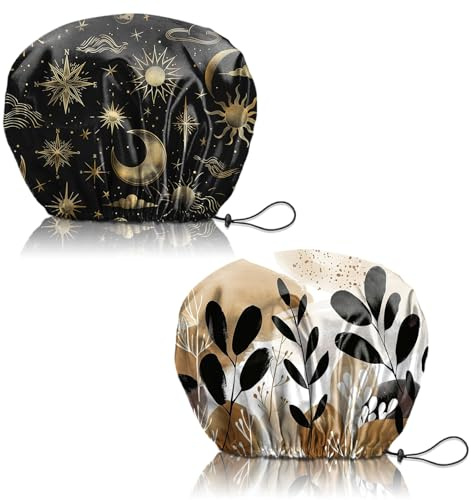 Deokke Lot de 2 Bonnets de douche,réglables élastiques double couche charlotte cheveux douche,réutilisables et esthétiques Mignon bonnet de douche femmes (Q7-Soleil, lune, feuille)