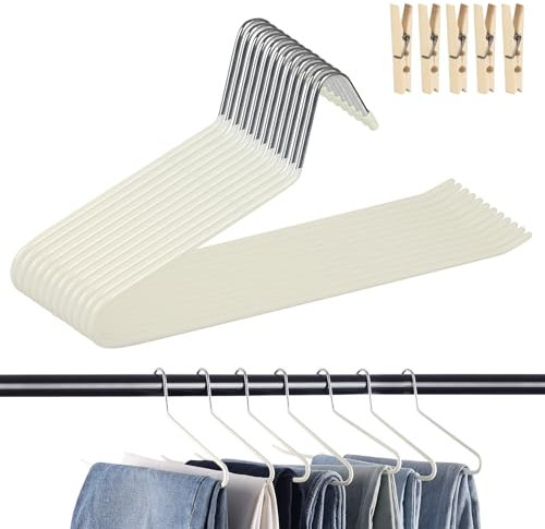 Lot de 12 Ceintre pour Pantalons, Antidérapants Porte Pantalon avec 5 Clips, Gain Place Extrémité Ouverte Cintres pour Pantalons, écharpes, Jeans, Vêtements, Serviettes- Blanc Cassé