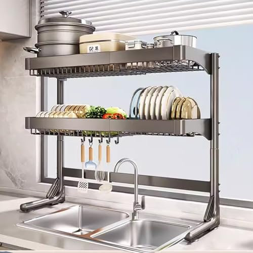 Escurreplatos ajustable de acero inoxidable 304 con cesta colgante sobre el fregadero, ahorro de espacio, escurridor de platos duradero y elegante para un secado eficiente
