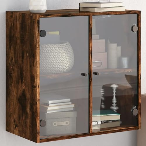 Mandloder Armario de pared de roble ahumado, 68 x 37 x 68,5 cm, material de madera con puertas de cristal, armario colgante para salón, oficina, cocina, diseño versátil para montaje en pared, soporta