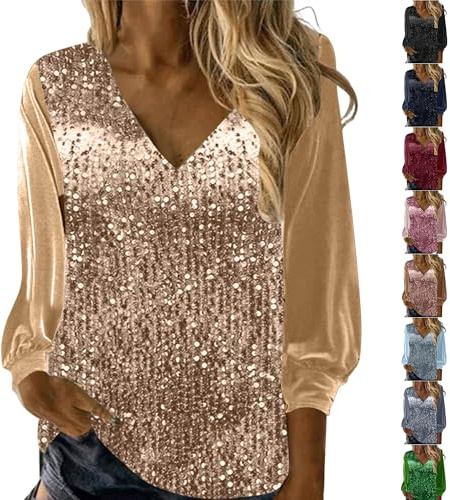 Guhmomh Glitzer Oberteile Damen Langarm Festliche Blusen Silvester Outfit Pailletten Top Karneval Kostüm Party Shirt Elegant Langarmshirt Faschingskostüme Festival Bluse Rave Pullover Sexy Tunika