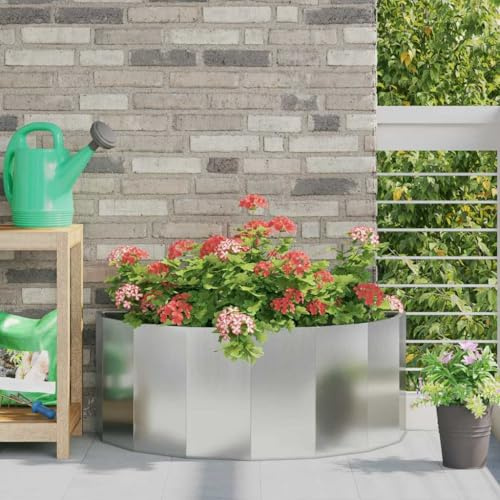 Pflanzkübel Silber 90x45x35 cm, Verzinkter Stahl, Halbrundes Design, Robust Outdoor Beet für Garten, Terrasse, Balkon, Metall Pflanzer für Gemüse, Blumen
