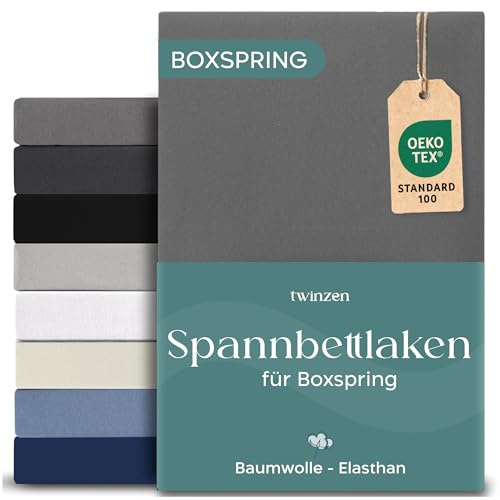 Twinzen - Spannbettlaken Boxspringbett - 90x200 - Baumwolle Elasthan | Anthrazit · 35cm Hoch · Oeko-Tex zertifiziert · Elastikband · Spannbetttücher für Hohe Matratzen