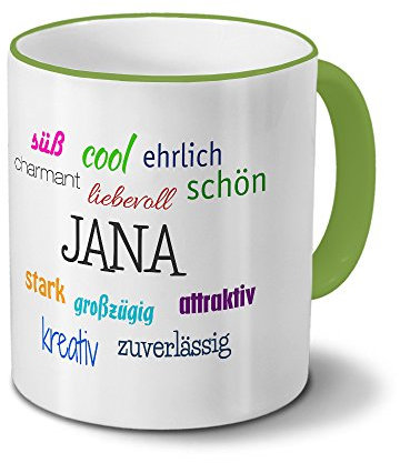 printplanet Tasse mit Namen Jana - Positive Eigenschaften von Jana - Namenstasse, Kaffeebecher, Mug, Becher, Kaffeetasse - Farbe Grün