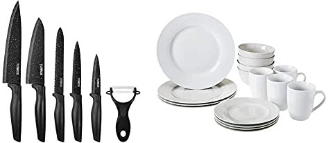 Tower Essentials Kitchen Knife Set, Stone-Coated with Stainless Steel Blades, Black, 6-Piece & Amazon Basics Dinnerware Set, Service for 4, 16-Piece