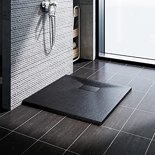 SONNI Duschwanne Schieferoptik und Rutschfeste Struktur 80x80 cm Schwarz Duschtasse flach (Inklusive Siphon)