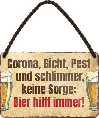 schilderkreis24 – Blechschild Lustiger Bier Spruch “Corona, Gicht, Pest.“ Deko Wein Küche Bar Theke Biergarten Stammtisch Kneipe Humor witzige Geschenkidee Geburtstag Weihnachten 18x12 cm