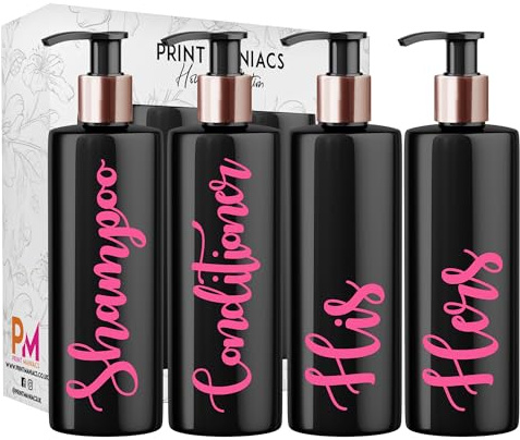 Print Maniacs Black Mrs Hinch Inspired Personalised 500ml Bottles Bathroom Lotion Kitchen Shampoo Conditioner Rose Gold Pump (Set 4 His Hers) (BABY PINK)