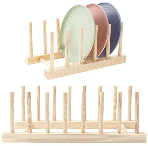 Kinsinder 2 Stück Tellerständer Abtropfgestell Bambus Geschirrabtropfgestell, Tellerhalter Holz, Abtropfgestell Holz Plate Holder für Teller, Tassen, Topfdeckel