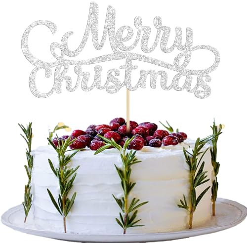 Gyufise 1 Pack Silver Glitter Merry Christmas Cupcake Toppers Holiday Xmas Cake Pick Decorations for Frozen WInter Christmas Party Supplies Happy New Year Cake Decorations