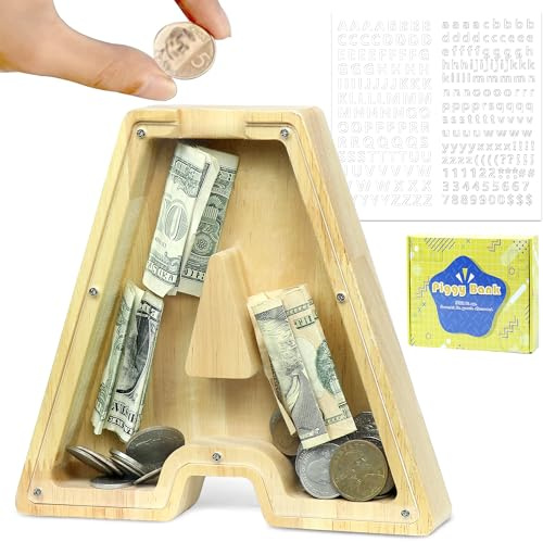 Mikytoper Wooden Letter Money Box for Kids Piggy Bank (A) | Personalised, Transparent Letter Money Bank Creative Gift for Children Boys Girls Decorative Money Box