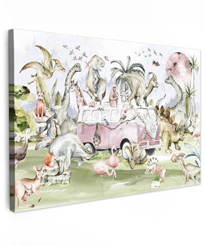 MuchoWow© Leinwandbild Groß 120x80 cm XXL Dekoration Wohnzimmer Bilder Pictures Wall Decoration Living Room Wohnungs Deko Moderne Bild Jugendzimmer - Dinosaurier - Kinder - Dino - Bus - Tiere - Jungen