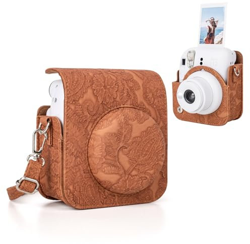 MUZIRI KINOKOO Mini 12 Camera Case Compatible for Fuji Instax Mini 12 Instant Camera - PU Leather Embossed Pattern Mini 12 Carrying Protective Case - with Removable Adjustable Strap - Brown
