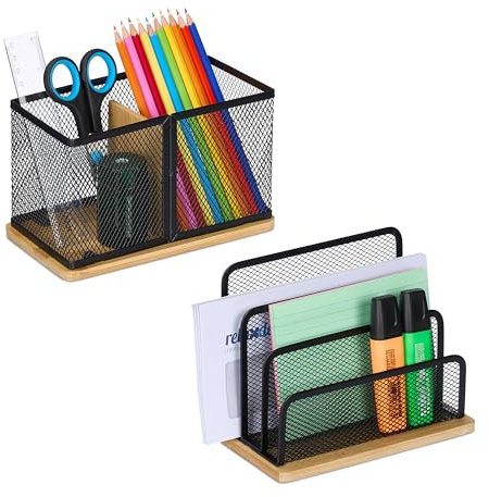 Relaxdays Lot de 2 organiseurs de Bureau, métal, Range-Lettres & Porte-stylos, Bambou, Noir - Nature