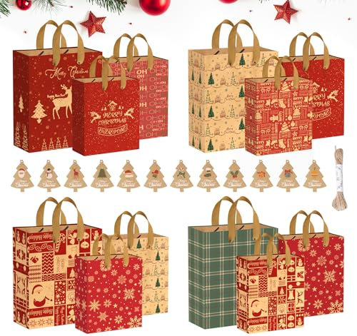 Agoer Christmas Kraft Gift Bags Mixed Size,12 Xmas Paper Bags with Handle,8 Designs Christmas Goody Treat Candy Bags,Assorted Present Favor Bags for Gifts Sweets Wrapping Party Halloween(S/M/L)