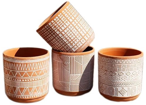Aztec Terracotta Plant Pots Set Of 4 Round Rustic Succulent Flower Herb Planter