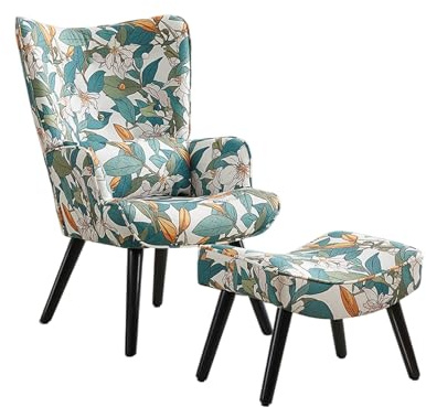 HomeMiYN Sessel Ohrensessel mit Kissen und Fußhocker Wohnzimmer Einzelsofa Pastoraler Freizeitstuhl mit Naturblumen Frühjahrsdekoration Frühjahrsangebot Gemütliche Ecke