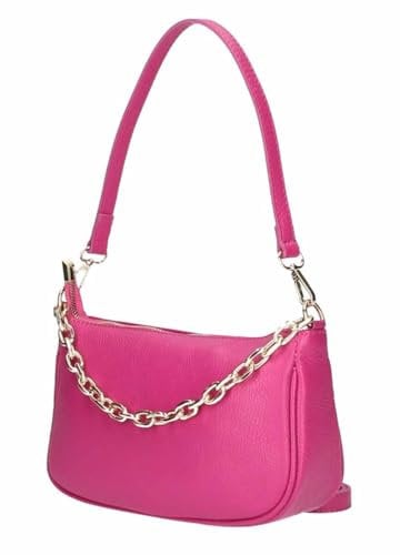 Made in Italy Damen Leder Tasche Pochette mit Kette Schultertasche Handtasche City Bag Umhängetasche Clutch Ledertasche Bodybag Schmucktasche Crossbody Cross-Over Pink