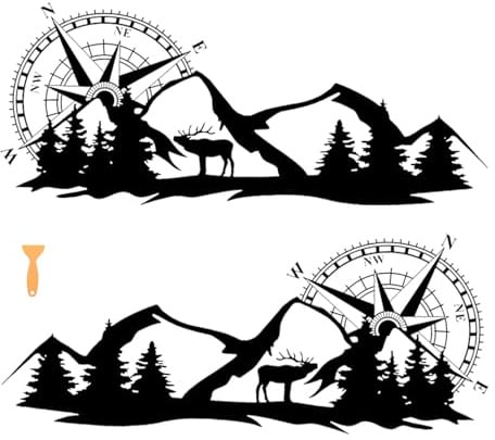 1 Paar Auto Aufkleber Kompass Hirsch Berg Wald, 39,4 x16,5 Vinyl Berg Auto Seite Karosserie Motorhaube Autoaufkleber, Universal Grafik Aufkleber Sticker Dekor für SUV Geländewagen Jeep Wohnmobil LKW