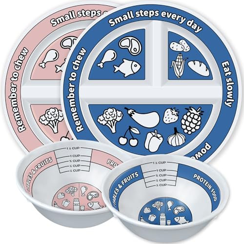 VIYNRAN 4 Pcs Portion Control Plates & Bowls Set (2 Plates + 2 Bowls, 9 Inch) - Self-Measuring for Weight Loss, Gastric Bypass, LapBand, Diabetes & Healthy Diets, Pink & Blue, for Adults & Children