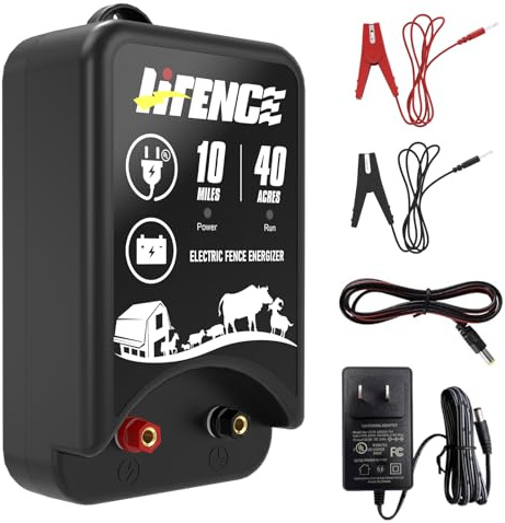AC/DC 2-in-1 Power Supply, Electric Fence Energizer for 10 Mile Preventing Wild Animal Intrusion, 40 Acre Coverage, 12V Input, 12KV 2 Joule Output, Deter Predators, Contain Cattle, Cow and Livestock