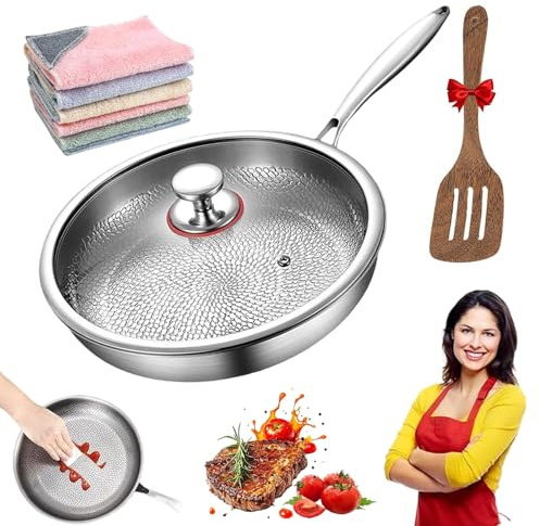 Snrtevu Padelle in Titanio, Padella Titanio Puro con Coperchio, Padella in Titanium Puro 26/28/30 cm, Non Rivestito, Resistente ai Graffi, Compatibile con Tutti i Piani Cottura (Con coperchio,24cm)
