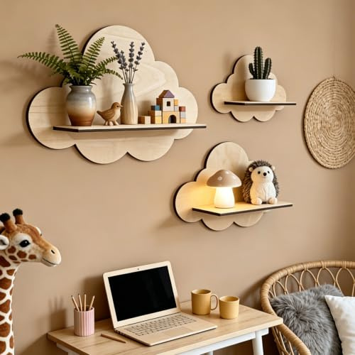 Tiuqffren 3er Set Wandregal Wolkenregal Kinderzimmer Boho Deko Wandregal Wolke aus Holz, Regal Kinderzimmer Schweberegal für Babyzimmer, Kinderzimmer Deko