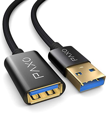 PAXO Cable alargador USB 3.1 (USB 3.0) de 2 m de nylon negro, cable alargador A-A, enchufe de aluminio, cubierta de tela