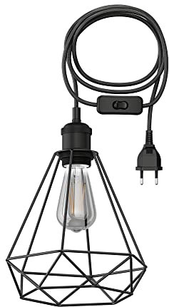 ledscom.de 3 m Textilkabel RETRA, Vintage, Stecker, Schalter, schwarz, Käfig-Schirm + LED Lampe 240lm, extra-warmweiß