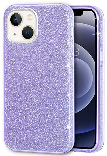 Mixroom - Custodia Cover per iPhone 13 Case in TPU Morbido Lilla con Brillantini Glitter 3 in 1