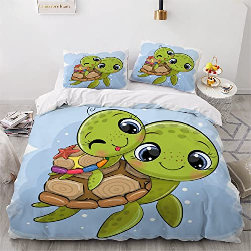 JWFGTT SchildkröTe Bettbezug Set Nettes Tiermuster Betten 3D Druck GrüN Bettwäsche für Kinder Jungen Mädchen Erwachsener 3 Teilig Polyester Hypoallergen 135x200cm, Sli209
