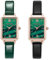 JewelryWe 2 PCS Damenuhren Quarz Analog Armbanduhr Grün Rechteckiges Zifferblatt Uhr mit Schmal Leder Armband für Frauen Mädchen Muttertagsgeschenk, Schwarz Grün