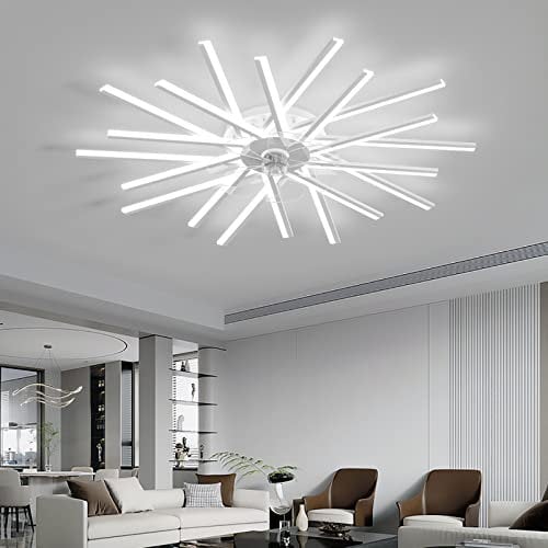 Lampadario Ventilatore con Telecomando APP Reversibile DC Grande Ventilatore da Soffitto con Luce Dimmerabile 6 Velocità Lampadari Ventola per Soggiorno Camera da Letto, Bianco, 100cm