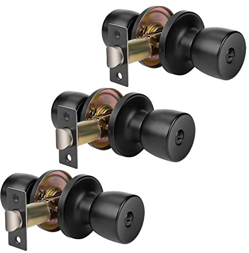 JO.KO Pomo de puerta de bloqueo de privacidad para dormitorio con cerradura de baño, bola estándar, color negro, pomos de puerta de paso para uso interior, paquete de 3