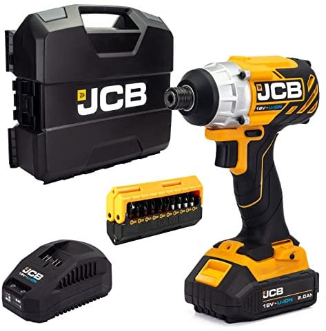 JCB 18V Cordless Impact Driver, 13pc Impact Bit Set, 2.0Ah Battery, Fast Charger, Powerful 150Nm Torque, 1/4 Hex Quick Change Chuck, Belt Clip & LED Light, Tool Case, 3 Year Warranty