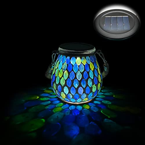 TOTHDATE 1PCS Solar Mosaik Leuchte Oval für Außen, On/Off Glas Mosaik Hängend Licht Solarlaterne Tischleuchte IP65 Wasserdicht für Rasen Pfad Hof Deck Boden Teich, Blau Mosaik Licht