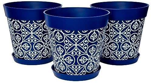 Hum Flowerpots set of 3 plastic, indoor/outdoor plant pots 25cm diameter and 3 saucers 19cm diameter (Moroccan Blue)