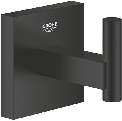 GROHE Start Cube, Bademantelhaken ohne Bohren (Handtuchhalter mit verdeckter Befestigung, zum Kleben oder Bohren, mit Schrauben und Dübel, ohne Kleber), schwarz, 409612430