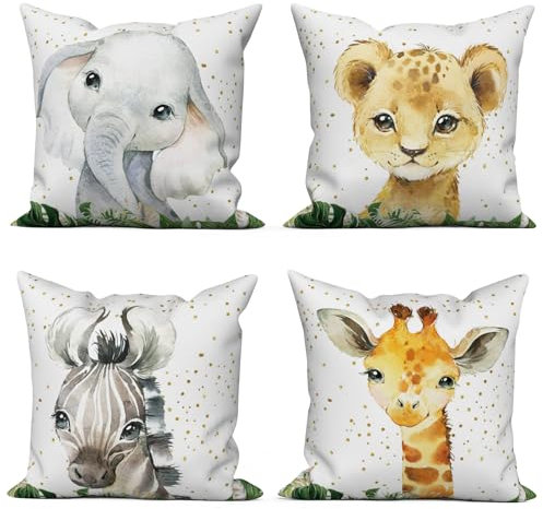 ASDCXZ Kinder Kissenbezug 50x50 cm 4er Set, Niedlich Tier Elefant Nilpferd Löwe Giraffe Sofa Dekokissen Kissenbezüge Kissenhülle Waschbar Polyester Flachs Textil Outdoor Kopfkissenbezug Kissen Bezug