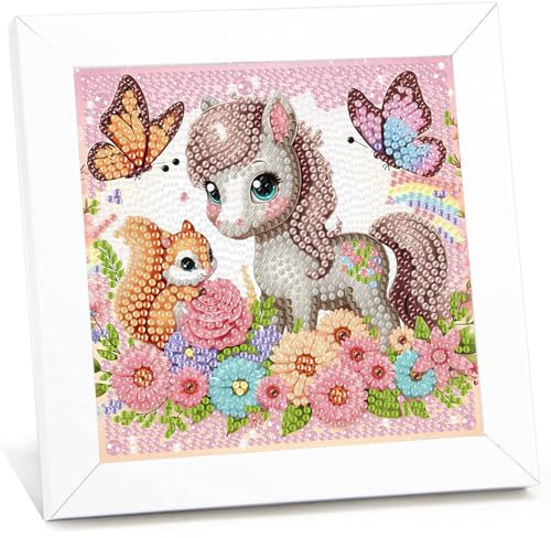 Pferd Eichhörnchen Diamond Painting kinder mit Rahmen,Pferd Eichhörnchen 5D Diamond Art Anfänger Bilder Kinder,Diamant Painting Home Decor Geschenk für Kinder ab 6 Jahren(15x15cm)