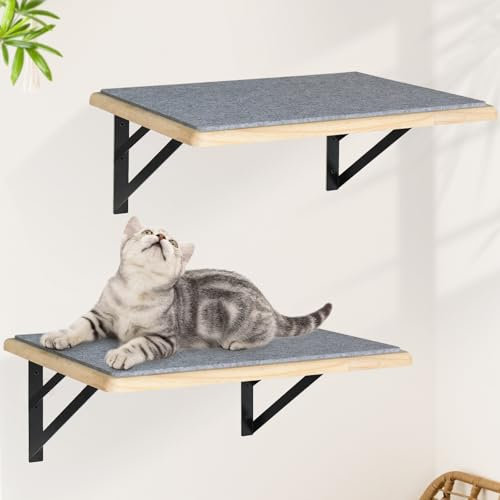 Katzen-Wandregale 2er Set, Holz Katzenregale für Wand, Katzenwandbett Hängematte mit Kratzpad, Katzenkletterregal zum Schlafen Spielen, Katzenfensterstange für große Katzen, Burlywood Katzenmöbel