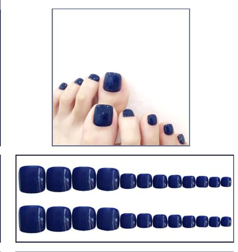 Ling & Bai Fake Toe Nails 24Pcs Pure Color False Toenails Short Glossy Glitter Full Cover Artificial for Women and Girls (Dark Blue, Glue Style)