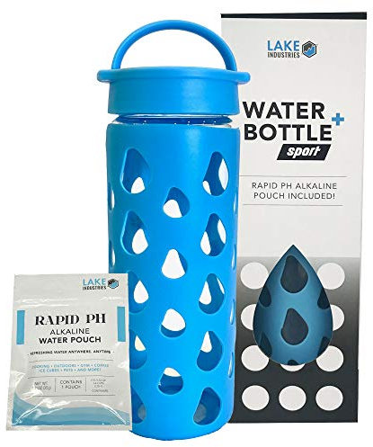 Lake Industries Alkaline Sport-Wasserflasche + BPA-freies Glas, rutschfester Silikongriff, 650 ml, Infused Pouch, Verwendung für Arbeit, Sport, Outdoor, 1 Rapid pH Wasserfilterbeutel enthalten
