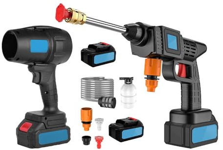 Kit Idropulitrice e Soffiatore Cordless a Doppia Batteria 48V - Lancia Lavaggio a Batteria - Lavaggio Professionale con Filtro, Tubo, Serbatoio e Attacchi - Pulizia Auto Scooter Giardino (Blu)