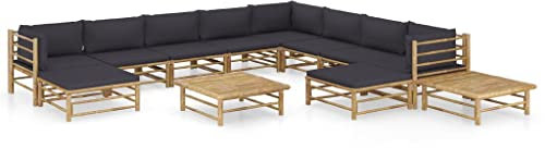 vidaXL Gartenmöbel 12-TLG. mit Dunkelgrauen Kissen Garten Garnitur Sofa Sitzgruppe Gartensofa Lounge Sitzgarnitur Gartenset Ecksofa Mittelsofa Fußhocker Bambus