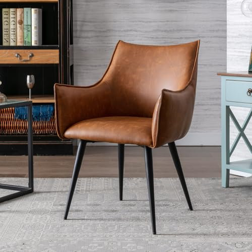 chairus Fauteuil Bureau en Cuir PU Chaise de Salon Chambre Rembourré de Pieds en Métal Chaise Salle à Manger avec Accoudoir (Marron)