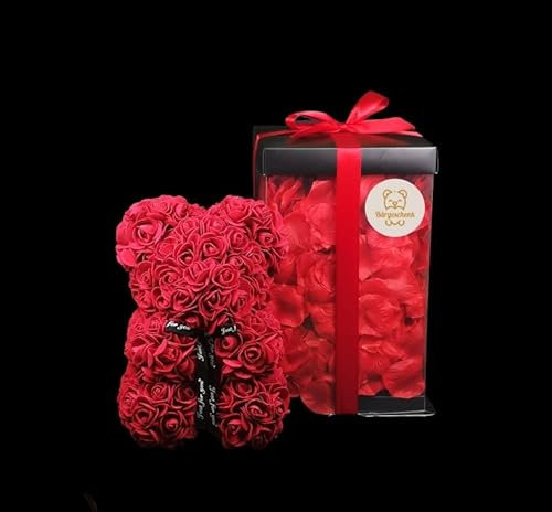 BÄRGESCHENK Romantic Dunkelrot Rosen Bär 25cm aus Ewigen Rosen mit 500 künstlichen Rosenblätter in Geschenkbox