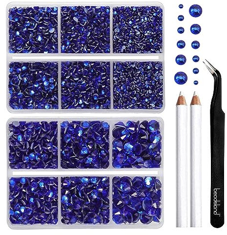 BEADSLAND Strass Hotfix, 6080PCS Strass Bleue Thermocollant pour Vetement Mixte 6 Tailles avec Crayon de Cire et Kit Pince à Épiler, SS6-SS30,Saphir