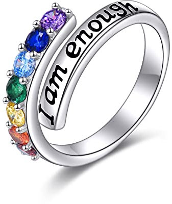 YFN Chakra Ring Sterling Silber I Can Do All Things/I Am Enough Ringe Verstellbar Ringe Schmuck Geschenke für Damen Mädchen (I Am Enough)