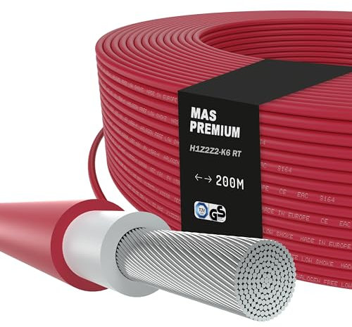 MAS Premium Câble solaire unique H1Z2Z2-K 6 mm², de 5 à 200 m, à enterrer, photovoltaïque, sans halogène, double isolation noir, rouge ou bleu (rouge, 200 m)